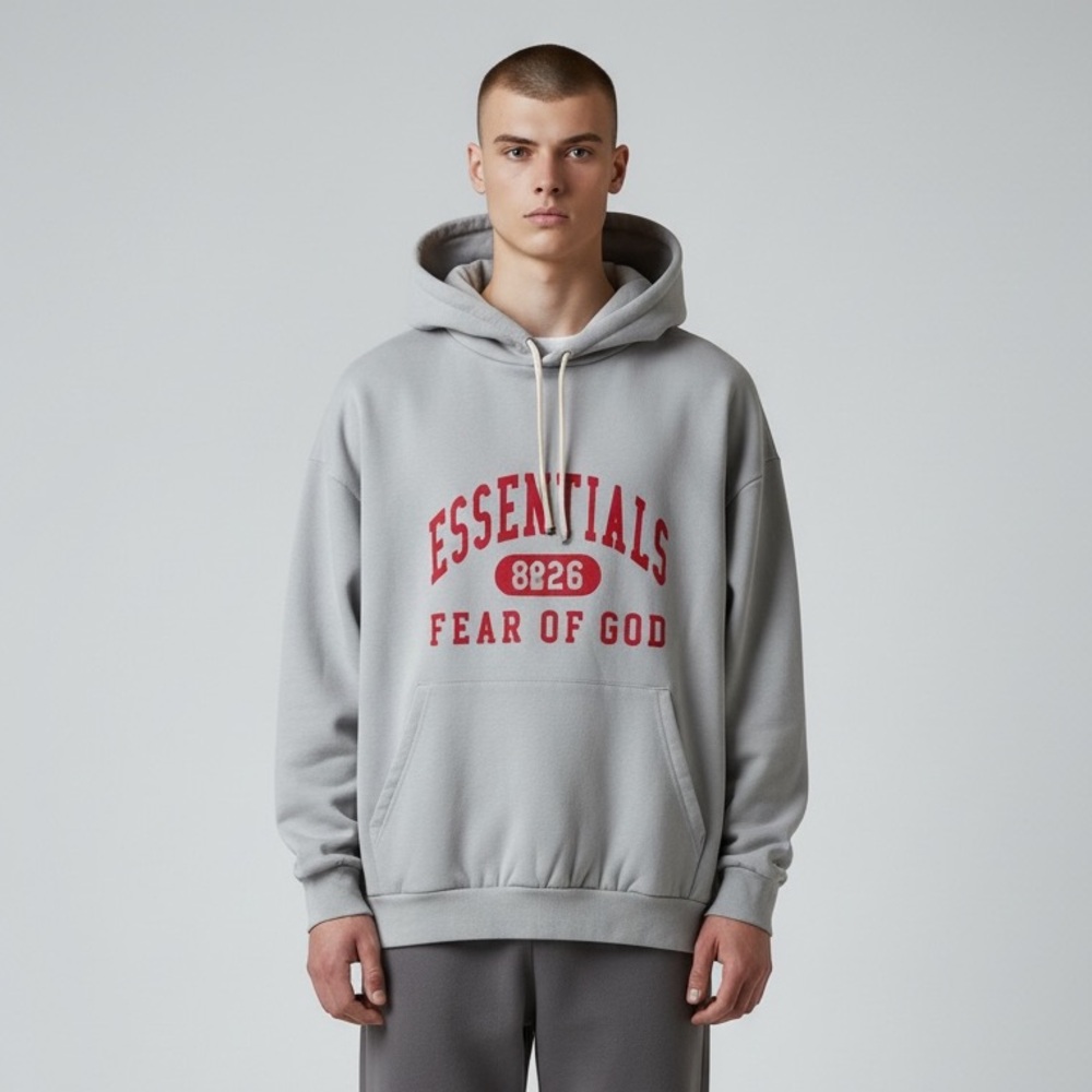 Essentials Gray Hoodie with Red Print